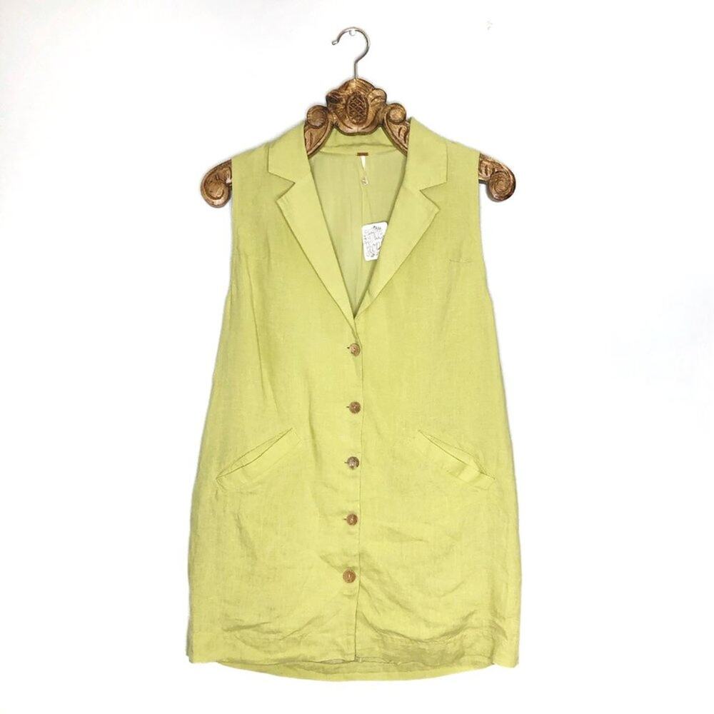 Free People Linen Mini Shirt Dress Button Front Neon Avocado Green New With Tags